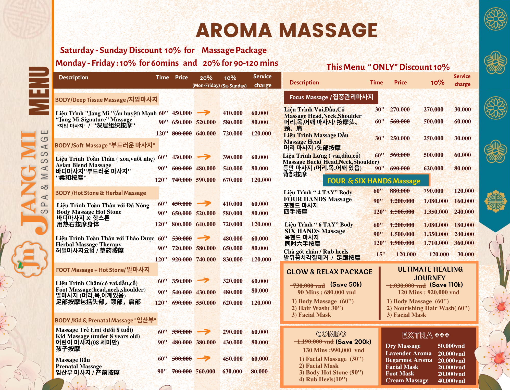 các menu bảng giá về liệu trình massage 4 tay toàn thân tại jang mi spa đà nẵng